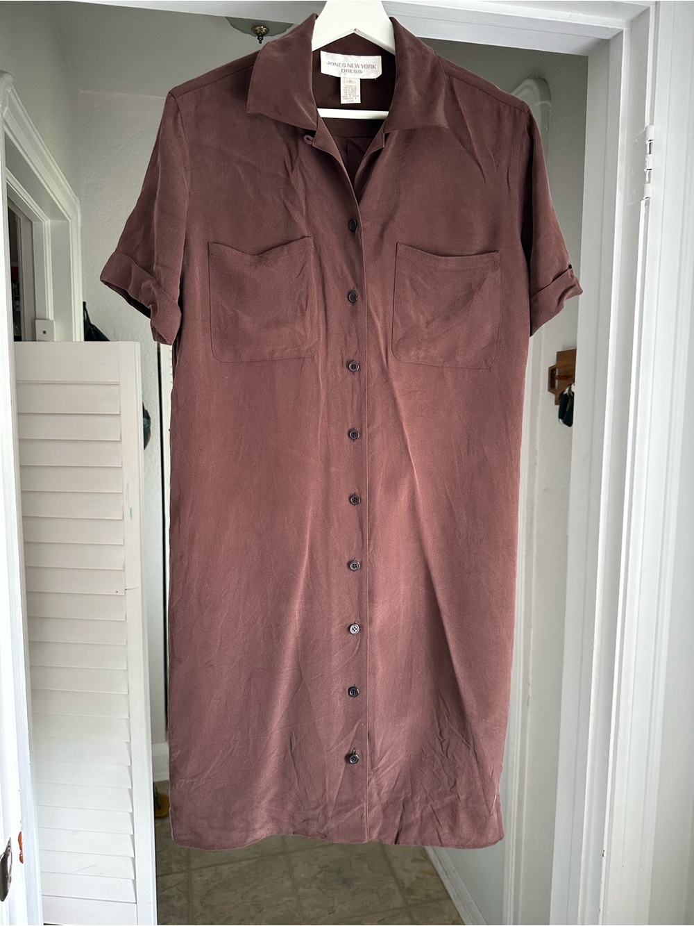 Jones New York 100% Silk Chocolate Expresso Brown Mini Button down Dress Size 8